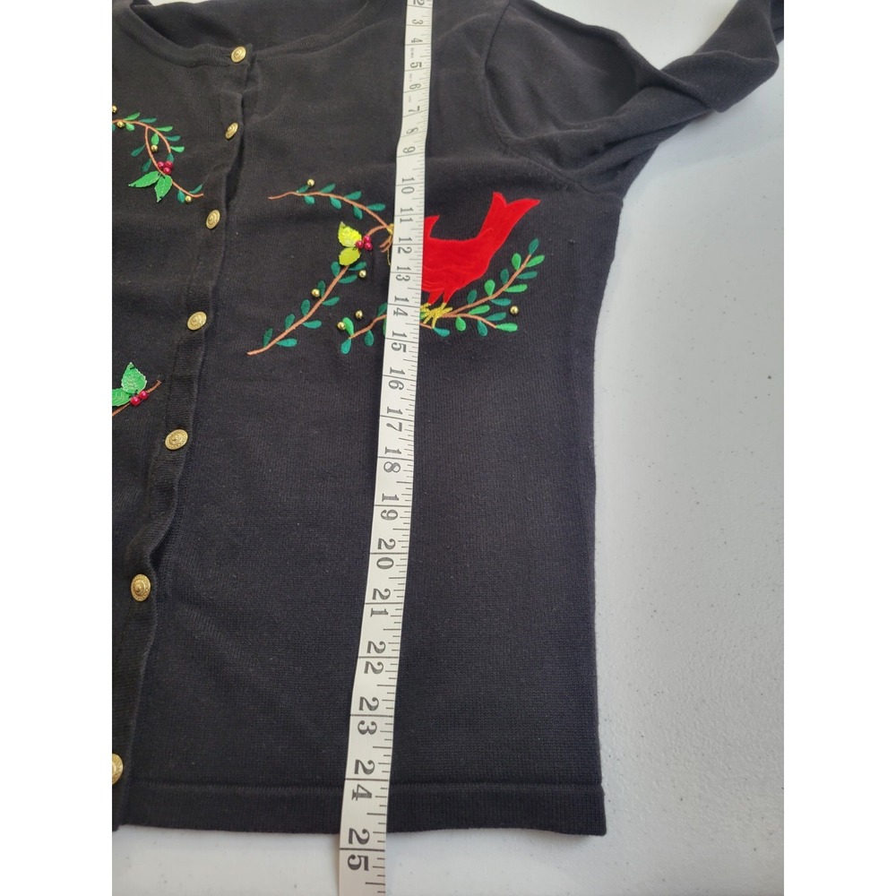 Vtg Classic Elements Cardigan Sweater Bird Embroidered Holiday Xmas Black Large - Picture 7 of 11